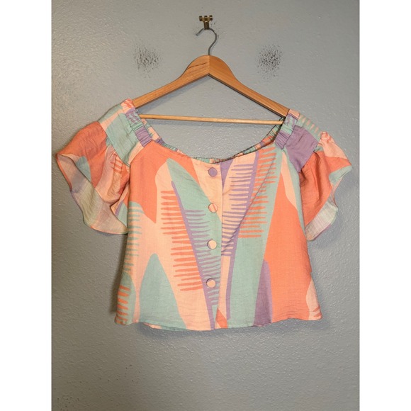NWT Crosby by Mollie Burch Georgie Off Shoulder Ruffle Sleeve Pastel Top Small - Picture 2 of 11
